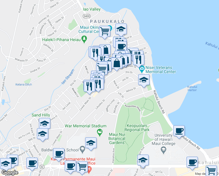 map of restaurants, bars, coffee shops, grocery stores, and more near 480 Pio Drive in Wailuku