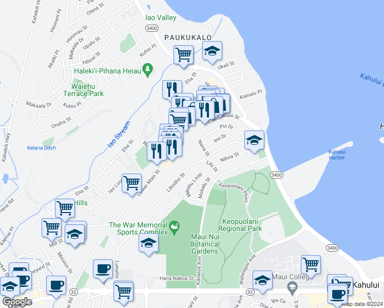 map of restaurants, bars, coffee shops, grocery stores, and more near 480 Pio Drive in Wailuku