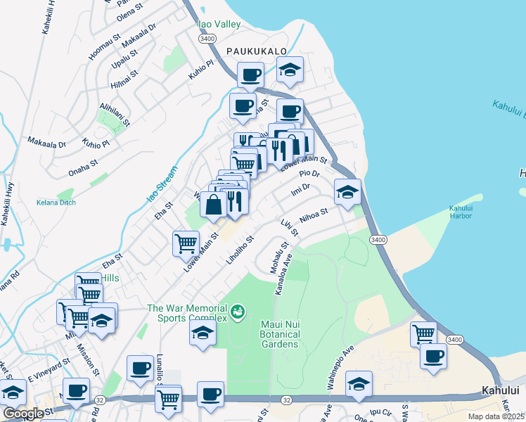 map of restaurants, bars, coffee shops, grocery stores, and more near 480 Pio Drive in Wailuku