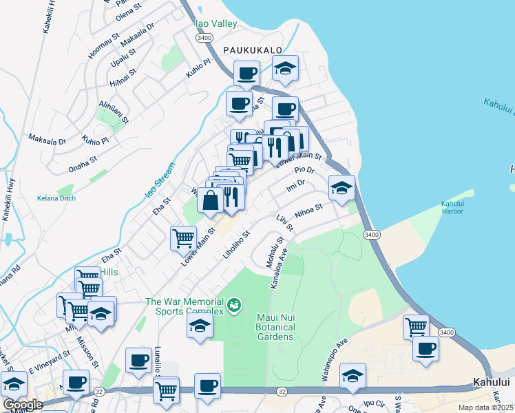 map of restaurants, bars, coffee shops, grocery stores, and more near 480 Pio Drive in Wailuku