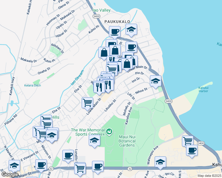 map of restaurants, bars, coffee shops, grocery stores, and more near 1005 Lower Main Street in Wailuku