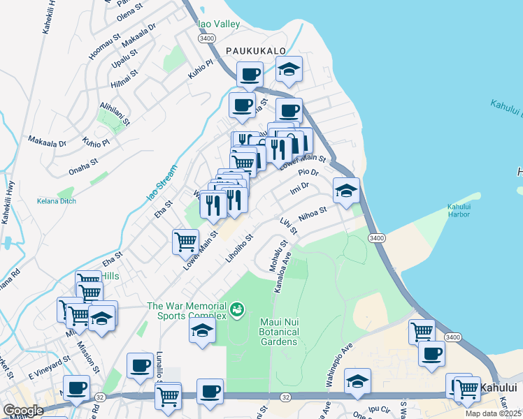 map of restaurants, bars, coffee shops, grocery stores, and more near 480 Pio Drive in Wailuku