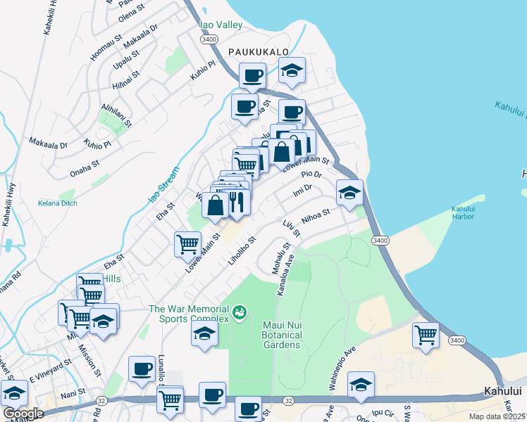 map of restaurants, bars, coffee shops, grocery stores, and more near 480 Pio Drive in Wailuku