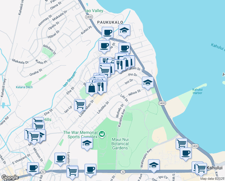 map of restaurants, bars, coffee shops, grocery stores, and more near 480 Pio Drive in Wailuku