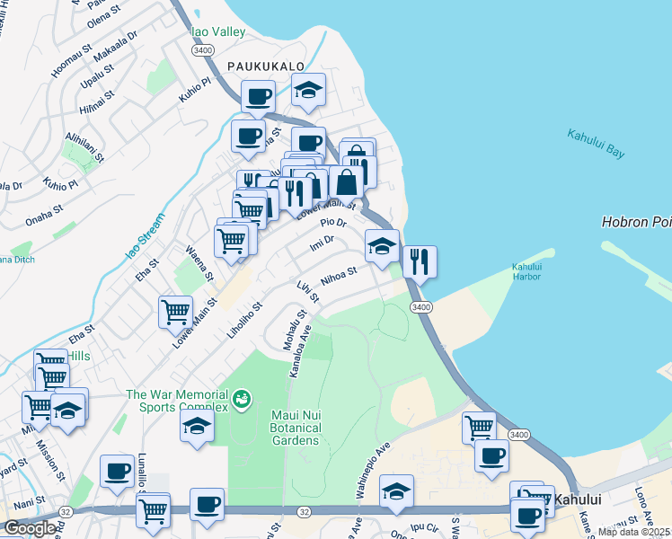 map of restaurants, bars, coffee shops, grocery stores, and more near 383 Nihoa Street in Kahului