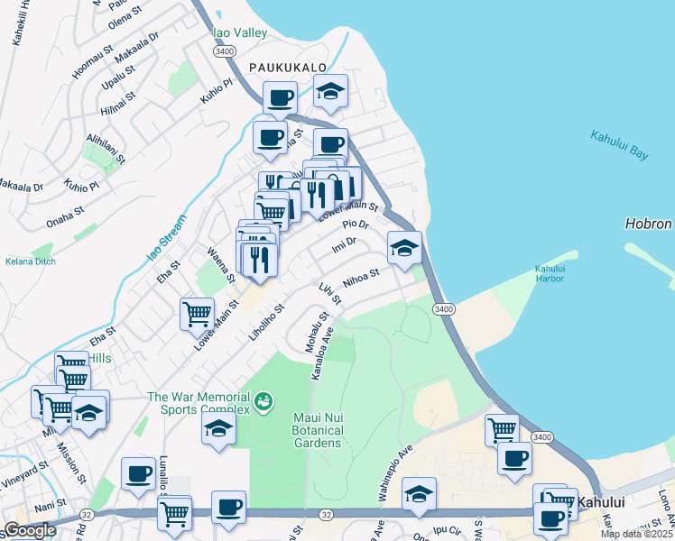 map of restaurants, bars, coffee shops, grocery stores, and more near 554 Liholiho Street in Wailuku