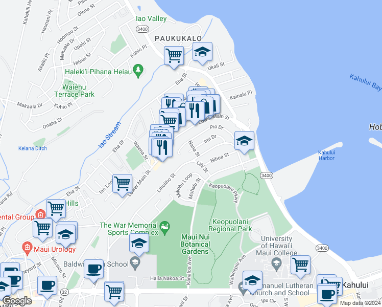 map of restaurants, bars, coffee shops, grocery stores, and more near 514 Imi Place in Wailuku