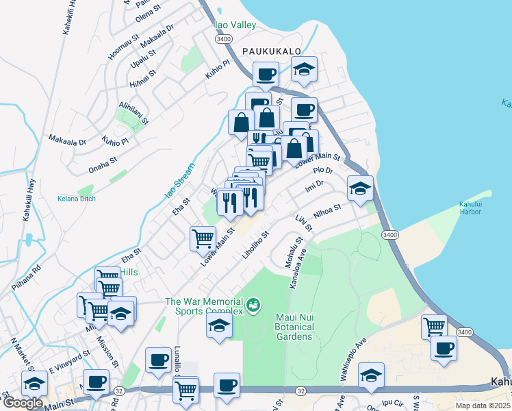 map of restaurants, bars, coffee shops, grocery stores, and more near 1005 Lower Main Street in Wailuku