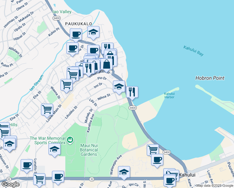 map of restaurants, bars, coffee shops, grocery stores, and more near 440 North Wakea Avenue in Kahului