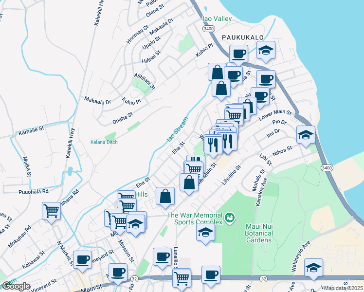map of restaurants, bars, coffee shops, grocery stores, and more near 9 Waiaka Lane in Wailuku