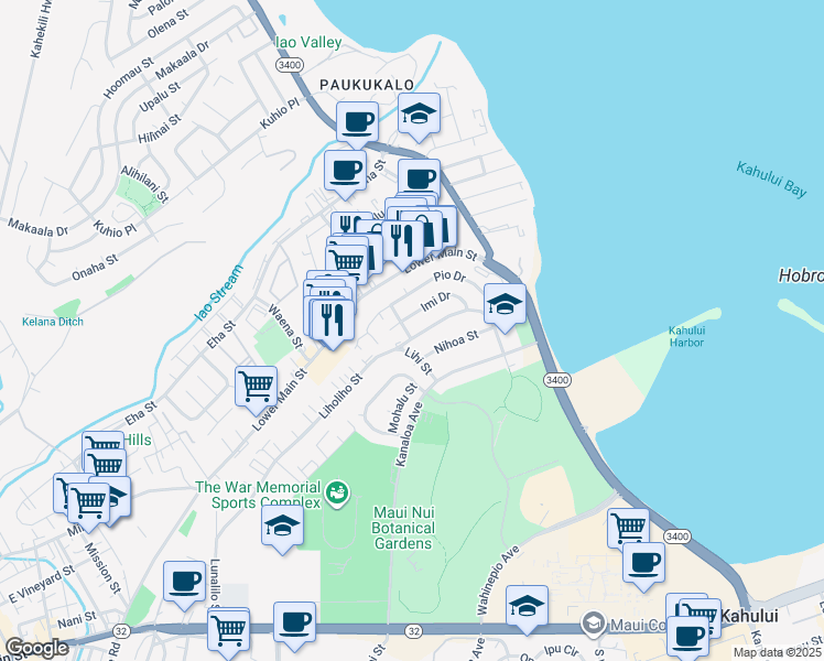 map of restaurants, bars, coffee shops, grocery stores, and more near 1684 Nana Street in Wailuku