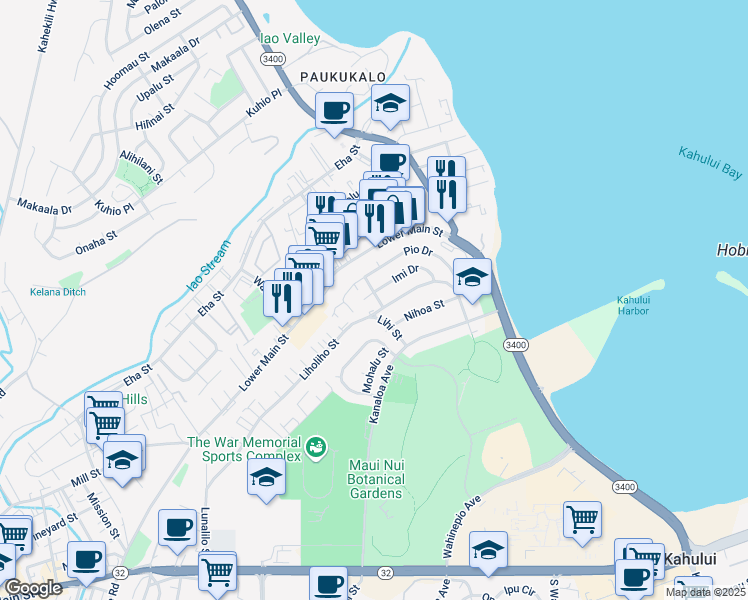 map of restaurants, bars, coffee shops, grocery stores, and more near 1697 Nana Street in Wailuku