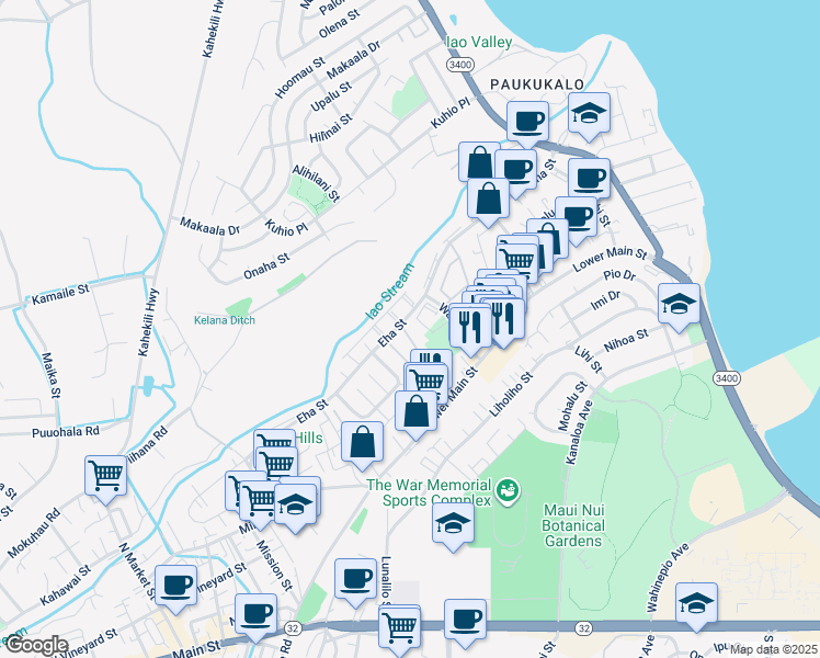 map of restaurants, bars, coffee shops, grocery stores, and more near 9 Waiaka Lane in Wailuku