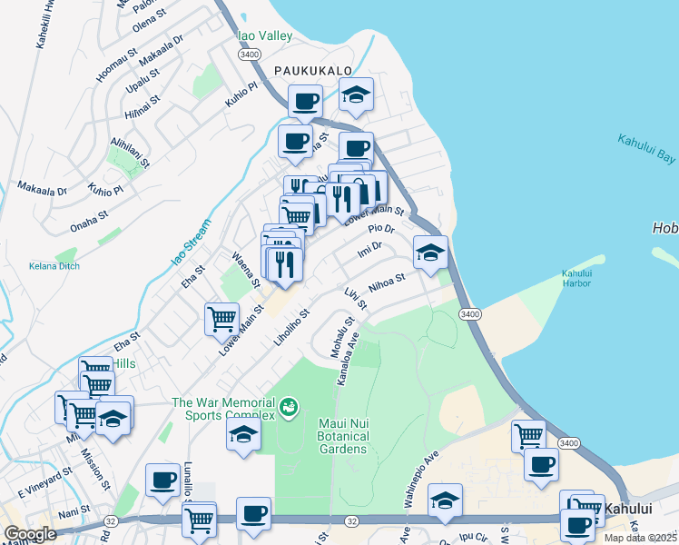 map of restaurants, bars, coffee shops, grocery stores, and more near 1684 Nana Street in Wailuku