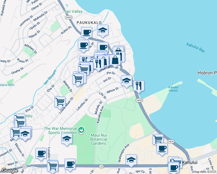 map of restaurants, bars, coffee shops, grocery stores, and more near 383 Nihoa Street in Kahului