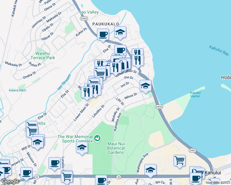 map of restaurants, bars, coffee shops, grocery stores, and more near 1684 Nana Street in Wailuku