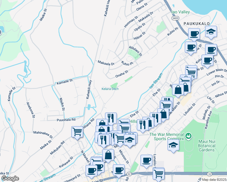 map of restaurants, bars, coffee shops, grocery stores, and more near 1488 Piihana Road in Wailuku