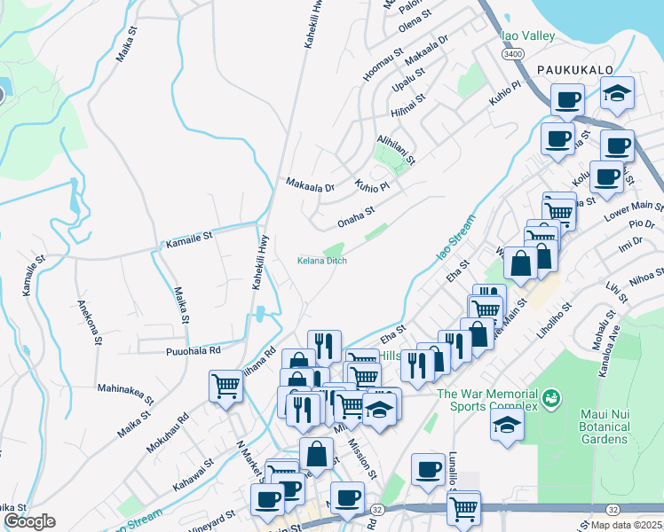 map of restaurants, bars, coffee shops, grocery stores, and more near 1488 Piihana Road in Wailuku