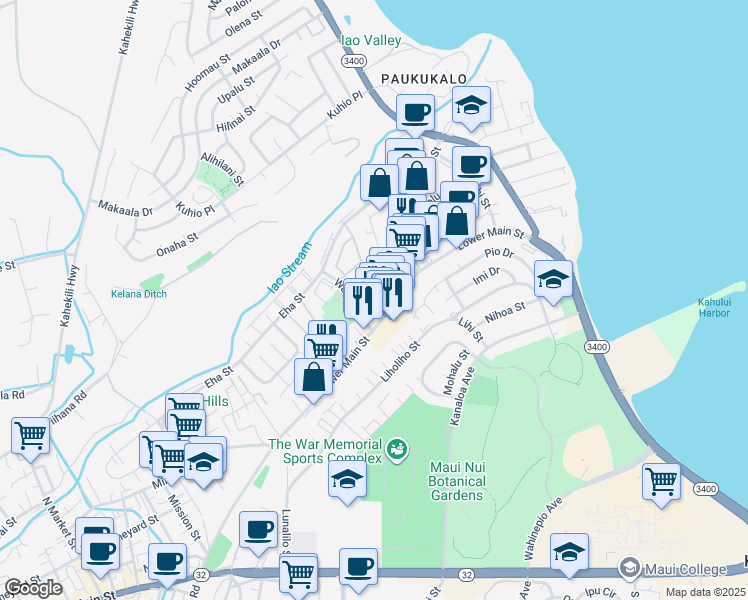 map of restaurants, bars, coffee shops, grocery stores, and more near 264 Pua Place in Wailuku