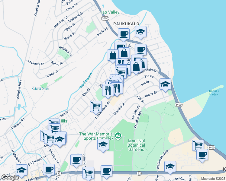 map of restaurants, bars, coffee shops, grocery stores, and more near 219 Koni Place in Wailuku