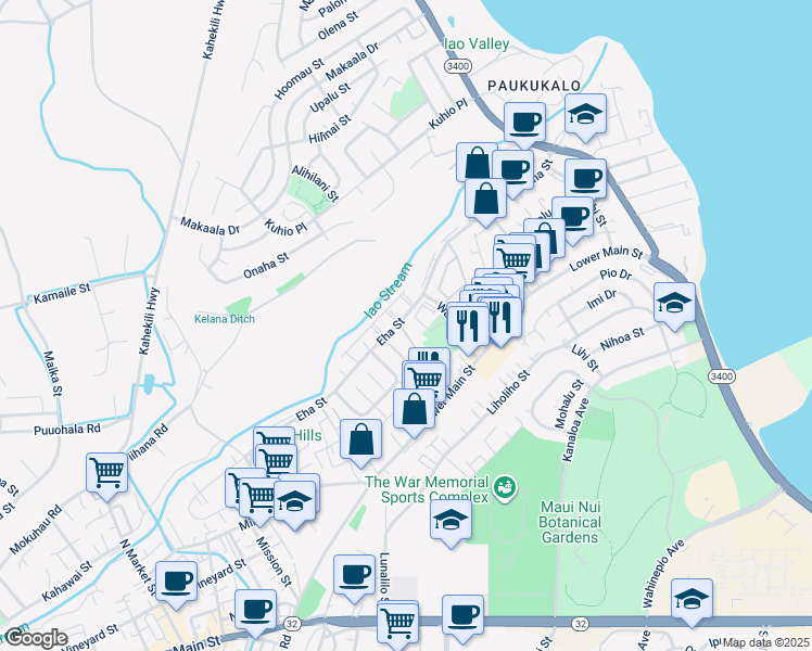 map of restaurants, bars, coffee shops, grocery stores, and more near 14 Waiaka Lane in Wailuku