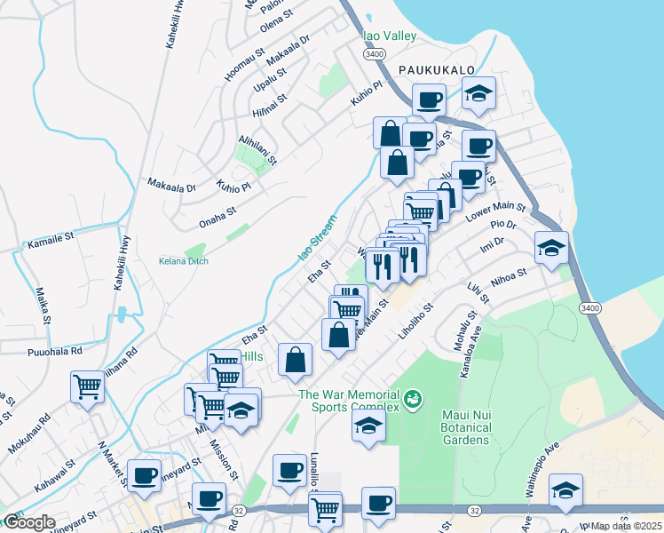 map of restaurants, bars, coffee shops, grocery stores, and more near 14 Waiaka Lane in Wailuku