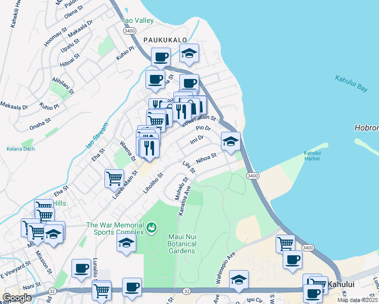 map of restaurants, bars, coffee shops, grocery stores, and more near 551 Liholiho Street in Wailuku