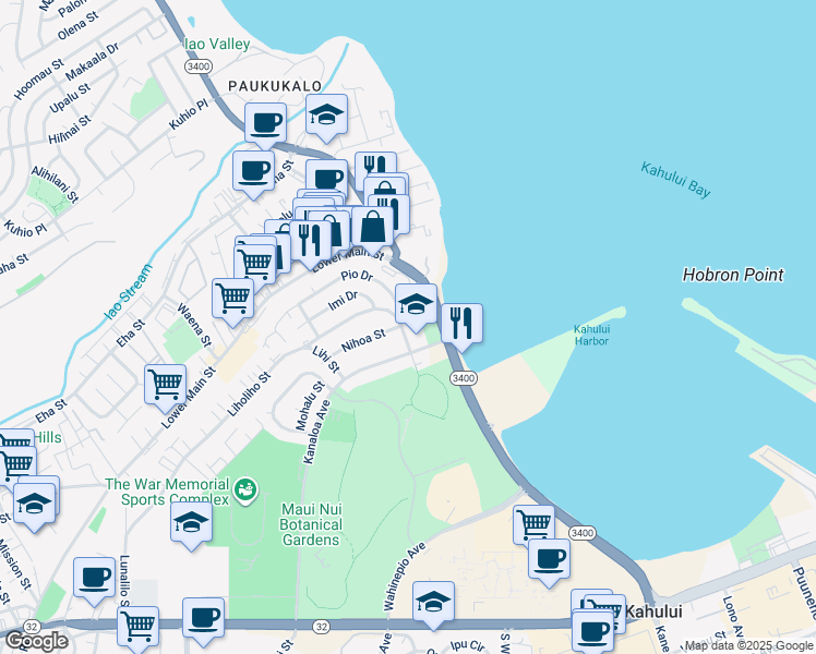 map of restaurants, bars, coffee shops, grocery stores, and more near 440 North Wakea Avenue in Kahului