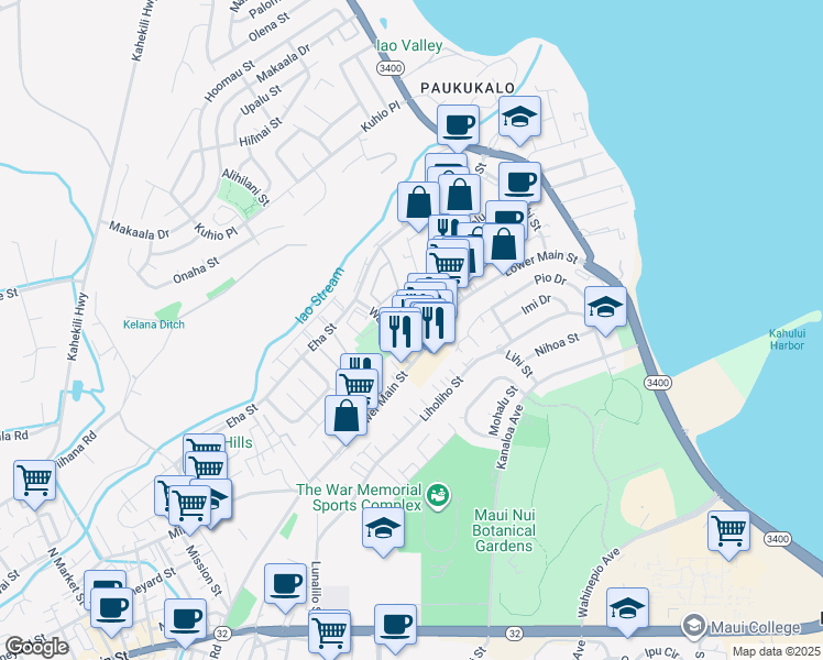 map of restaurants, bars, coffee shops, grocery stores, and more near 264 Pua Place in Wailuku