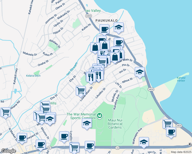 map of restaurants, bars, coffee shops, grocery stores, and more near 219 Momi Place in Wailuku