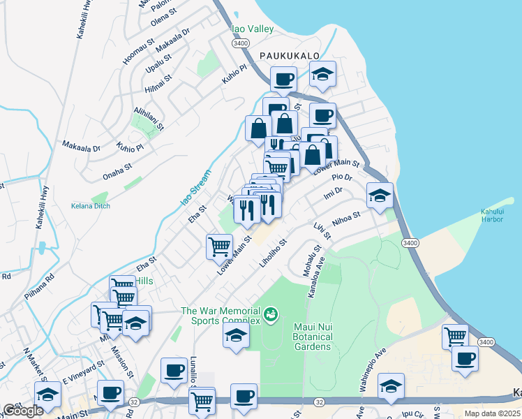 map of restaurants, bars, coffee shops, grocery stores, and more near 219 Momi Place in Wailuku