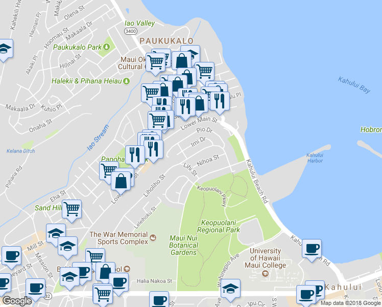 map of restaurants, bars, coffee shops, grocery stores, and more near 551 Liholiho Street in Wailuku