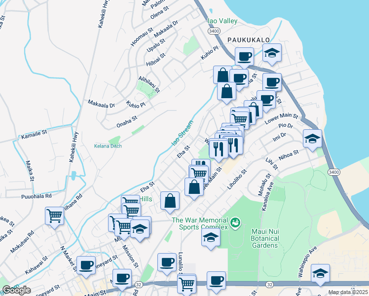 map of restaurants, bars, coffee shops, grocery stores, and more near 1110 Eha Street in Wailuku