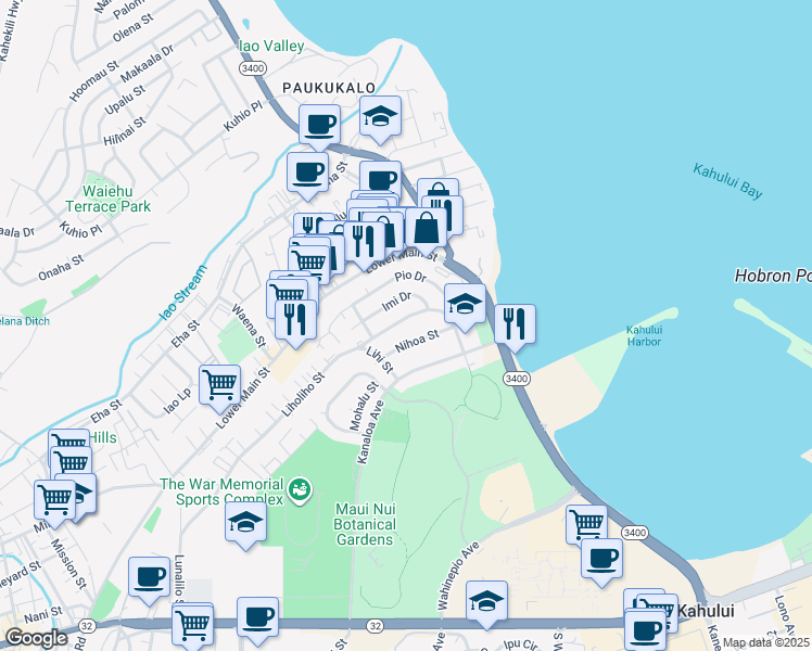 map of restaurants, bars, coffee shops, grocery stores, and more near 582 Liholiho Street in Wailuku