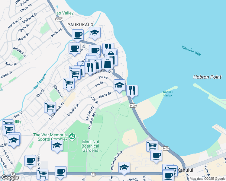 map of restaurants, bars, coffee shops, grocery stores, and more near 433 Nihoa Street in Kahului