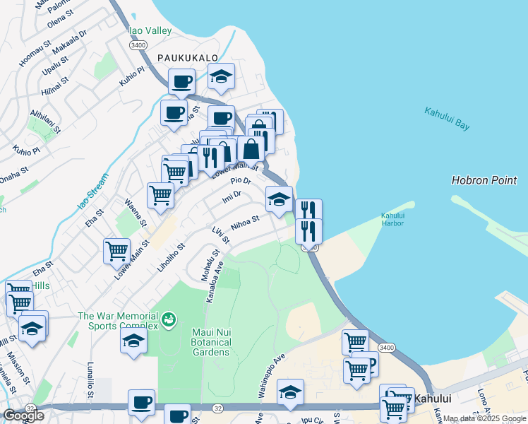 map of restaurants, bars, coffee shops, grocery stores, and more near 433 Nihoa Street in Kahului