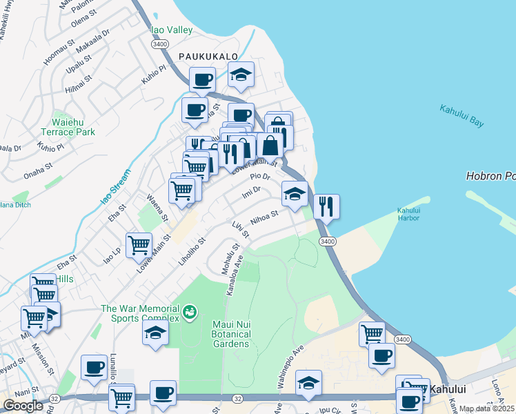 map of restaurants, bars, coffee shops, grocery stores, and more near 582 Liholiho Street in Wailuku