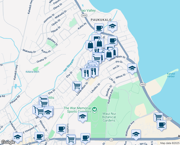map of restaurants, bars, coffee shops, grocery stores, and more near 219 Koni Place in Wailuku