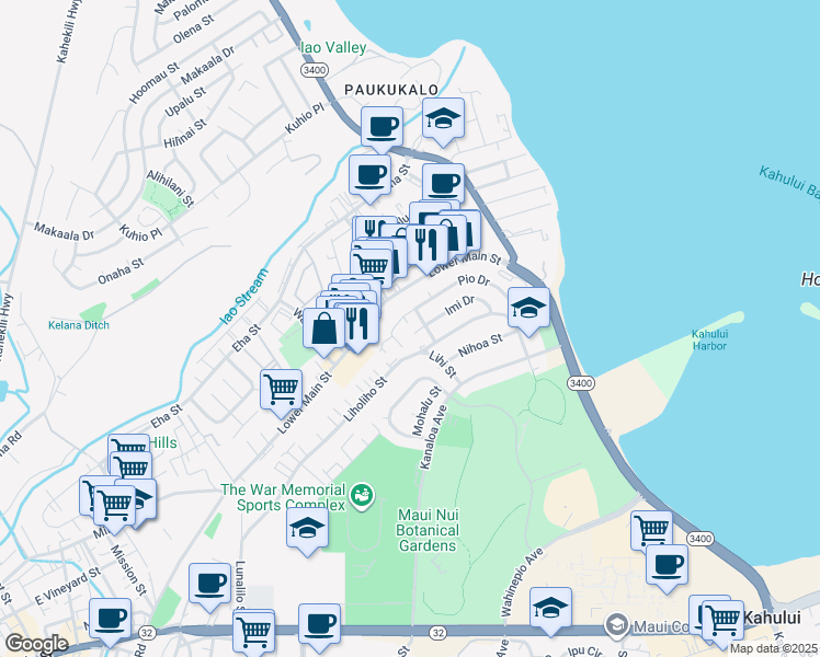 map of restaurants, bars, coffee shops, grocery stores, and more near 517 Imi Place in Wailuku