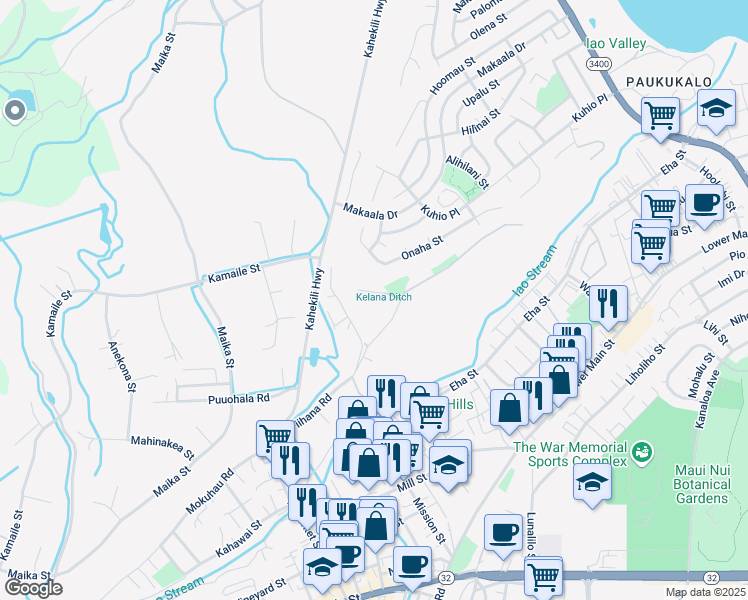 map of restaurants, bars, coffee shops, grocery stores, and more near 1508 Piihana Road in Wailuku