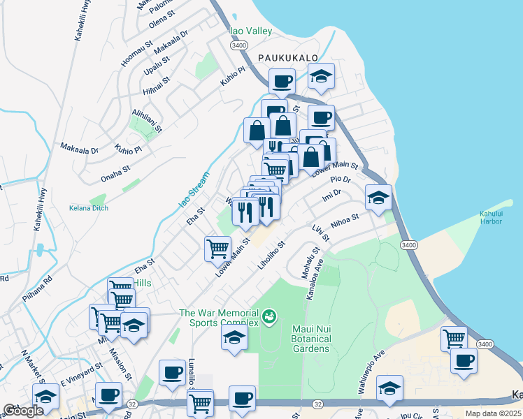 map of restaurants, bars, coffee shops, grocery stores, and more near 219 Momi Place in Wailuku