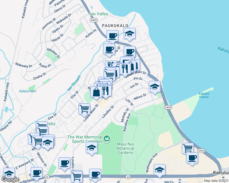 map of restaurants, bars, coffee shops, grocery stores, and more near 493 Pio Drive in Wailuku