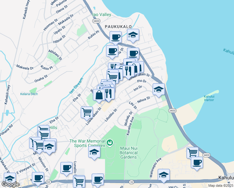 map of restaurants, bars, coffee shops, grocery stores, and more near 480 Pio Drive in Wailuku