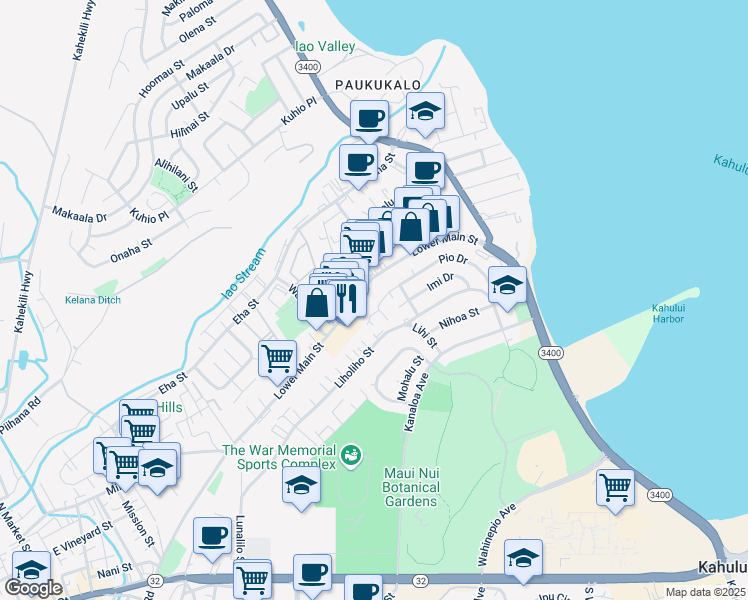 map of restaurants, bars, coffee shops, grocery stores, and more near 480 Pio Drive in Wailuku