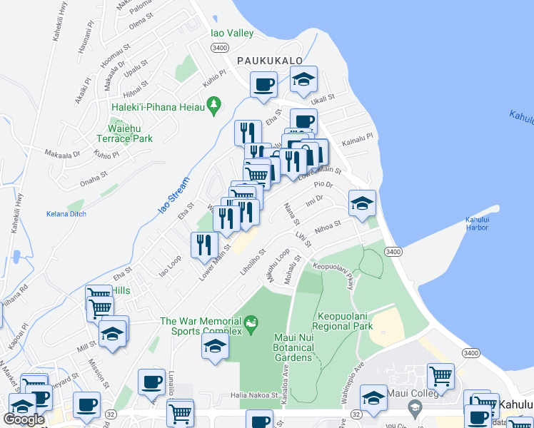 map of restaurants, bars, coffee shops, grocery stores, and more near 493 Pio Drive in Wailuku