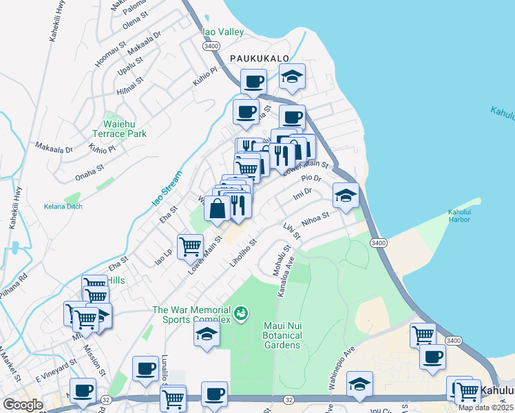 map of restaurants, bars, coffee shops, grocery stores, and more near 480 Pio Drive in Wailuku