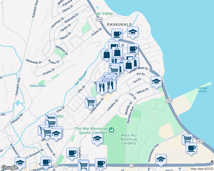 map of restaurants, bars, coffee shops, grocery stores, and more near 223 Momi Place in Wailuku