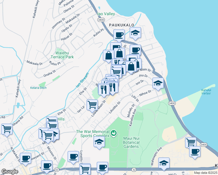 map of restaurants, bars, coffee shops, grocery stores, and more near 223 C Momi Place in Wailuku
