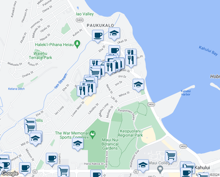 map of restaurants, bars, coffee shops, grocery stores, and more near 510 Imi Drive in Wailuku