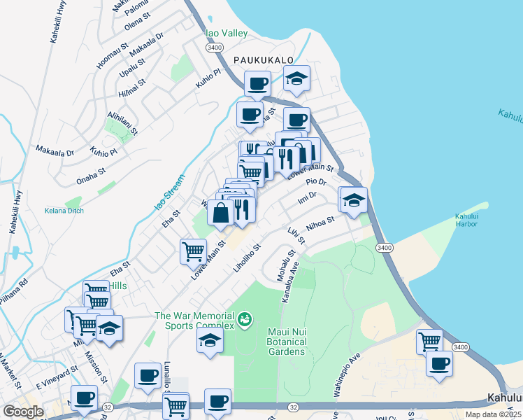 map of restaurants, bars, coffee shops, grocery stores, and more near 493 Pio Drive in Wailuku